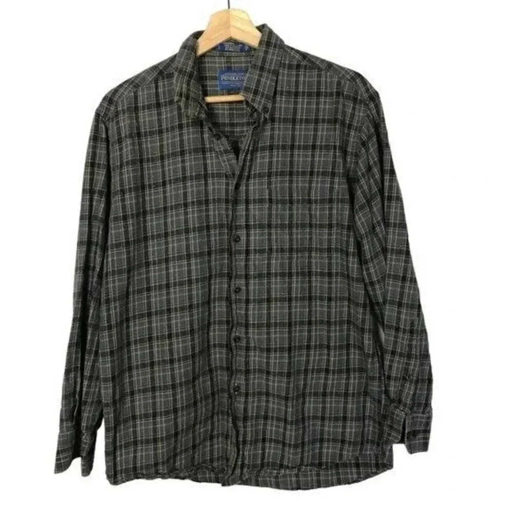Pendleton Gray & Black Plaid Wool & Cotton Long Sleeve Button Down M